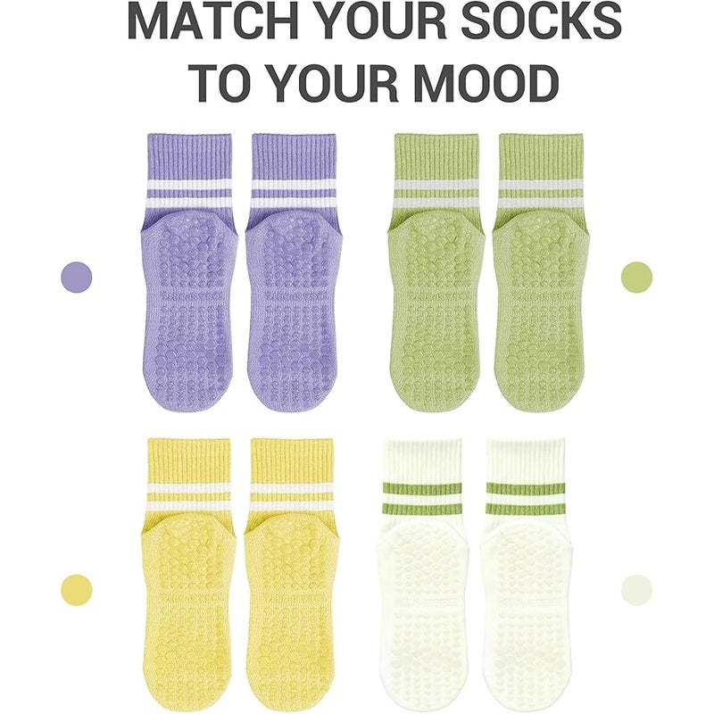 4 Pairs Pilates Socks with Grips for Women Non Slip Cotton Crew Socks for Yoga, Athletic, and Barre - Image 5