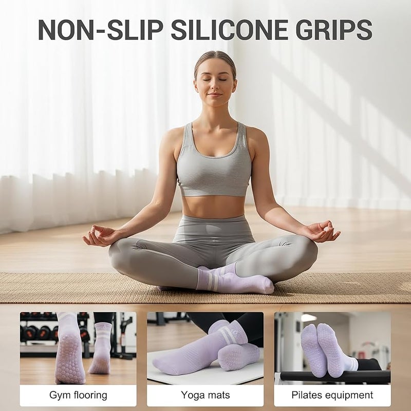 4 Pairs Pilates Socks with Grips for Women Non Slip Cotton Crew Socks for Yoga, Athletic, and Barre - Image 2