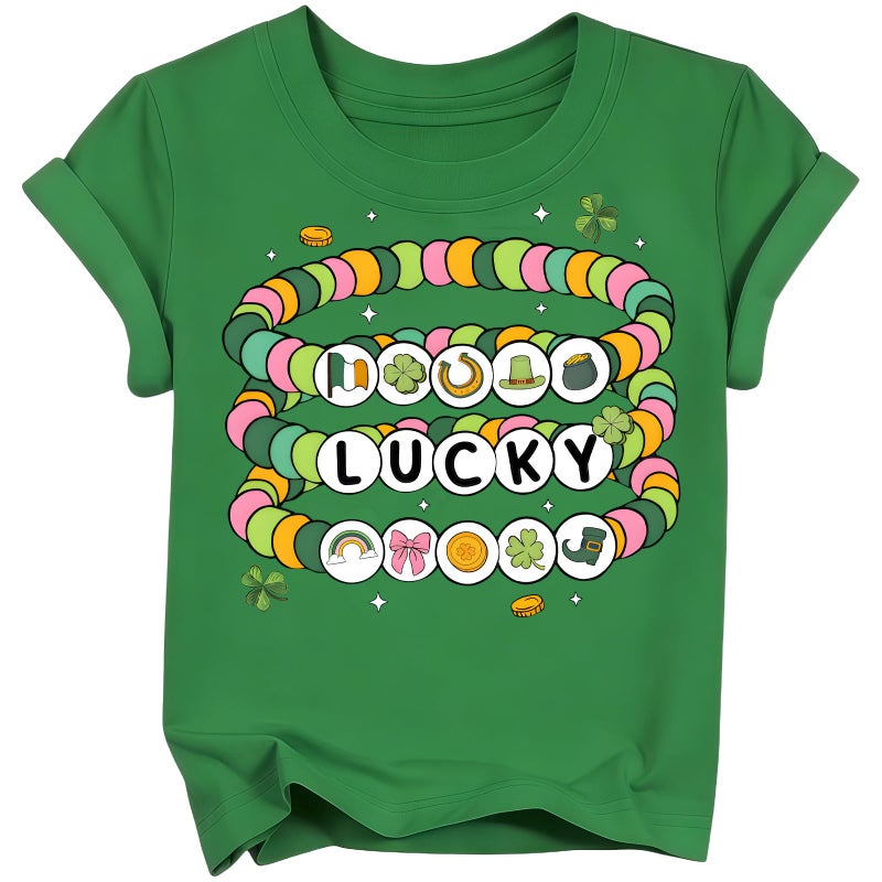 YWAGK Girls St Patricks Day Shirt Kids Lucky Friendship Bracelet T-Shirts Toddler Funny Clover Graphic Tops Green (3-4 Years) - Image 1