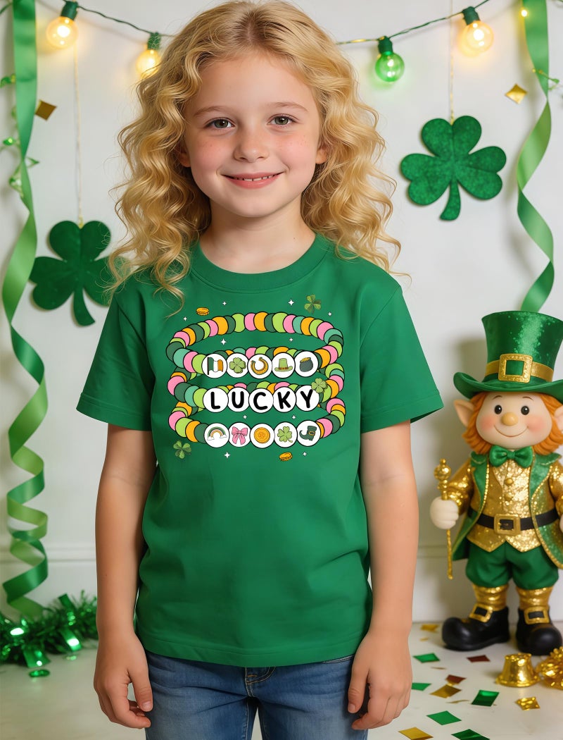 YWAGK Girls St Patricks Day Shirt Kids Lucky Friendship Bracelet T-Shirts Toddler Funny Clover Graphic Tops Green (3-4 Years) - Image 2