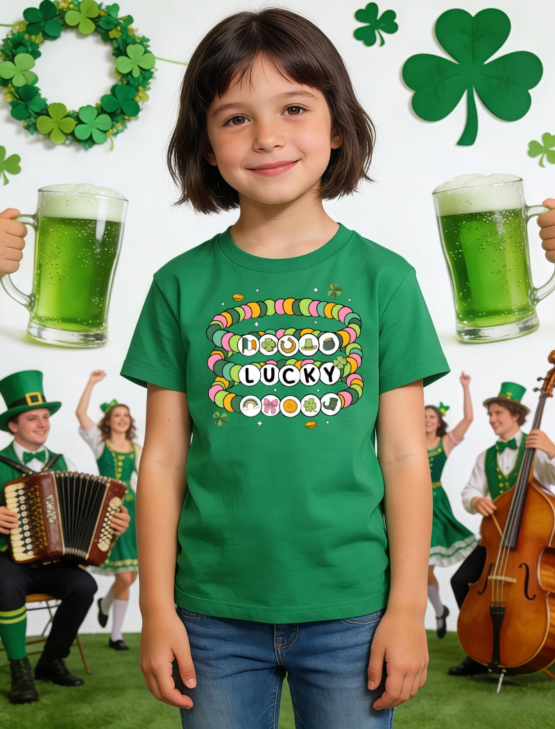 YWAGK Girls St Patricks Day Shirt Kids Lucky Friendship Bracelet T-Shirts Toddler Funny Clover Graphic Tops Green (3-4 Years) - Image 3