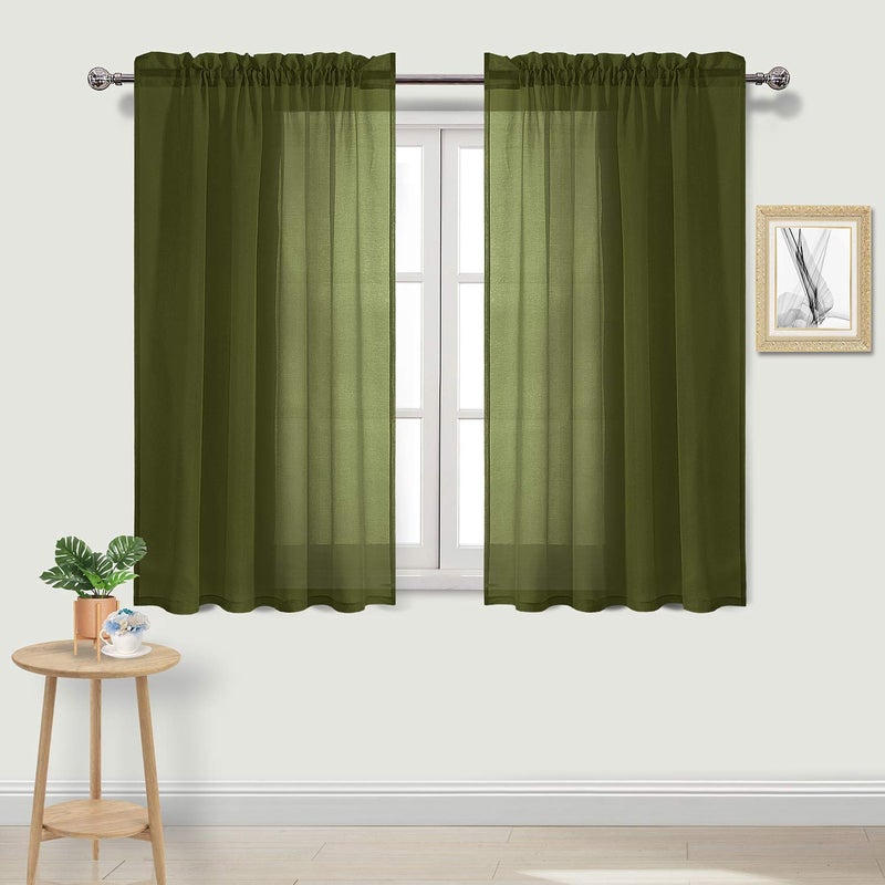 DWCN Olive Green Sheer Curtains Semi Transparent Voile Rod Pocket Curtains for Bedroom and Living Room 52 x 54 inches Long Set of 2 Panels