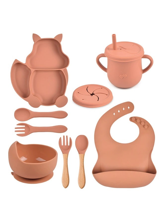 8 Pcs Baby Feeding Set, Food-grade Silicone Baby Tableware Set, Squirrel Baby Cutlery and Plates Set, Non-Slip Infant Dinnerware Set, Baby Self Feeding Utensils