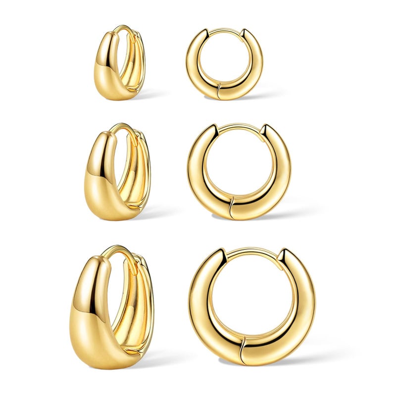 PANSHI  3Pairs Gold Hoop Earrings Set for Women Trendy Chunky Huggie Dainty Earring Jewelry for Women Teens (Gold - 3 Pairs) - Image 2