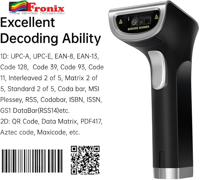 Fronix FB1300W 2.4GHz Wireless Barcode Scanner (Barcode & QR Code) in 2D and 1D Both Wireless and Wired (Rechargeable) Linking | Induction Scanning with Integrated Lighting | - Image 3