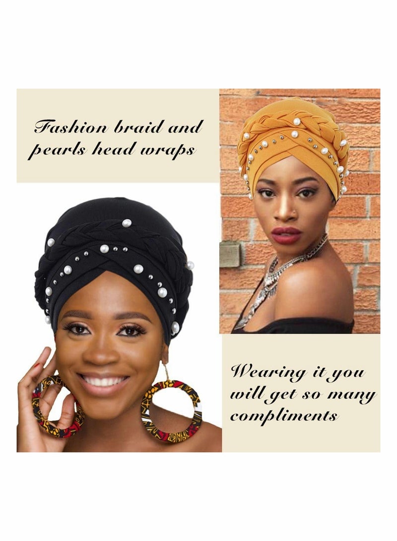 Excefore African Turban Head Wraps Pearls Head Scarf Braid Pre-Tied Soft Head Cover Cap Headwear for Women and Girls (Pack of 3)  - Image 3