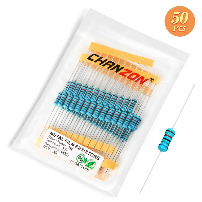 CHANZON 50 قطعة 1 واط 68 كΩ أوم 68000r مقاوم ثابت من فيلم معدني 0.01 ±1% تحمل 68KR MF مقاومات ثقب مرور معتمدة من روهس - Image 5