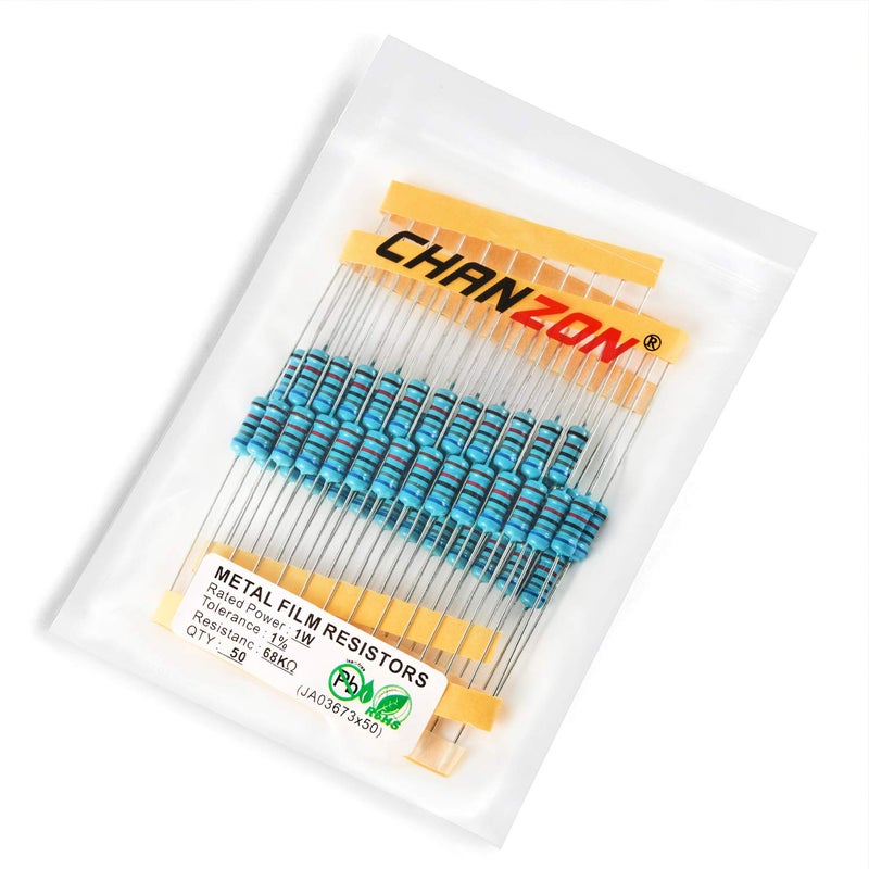 CHANZON 50 قطعة 1 واط 68 كΩ أوم 68000r مقاوم ثابت من فيلم معدني 0.01 ±1% تحمل 68KR MF مقاومات ثقب مرور معتمدة من روهس - Image 3