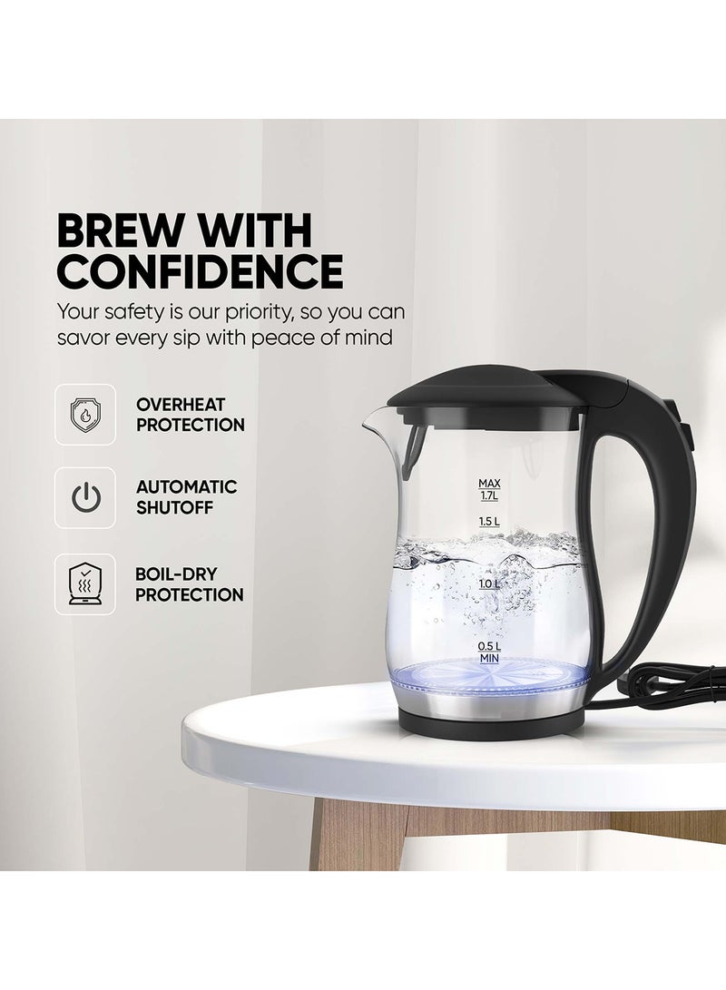NIKAI Electric Glass Kettle, Led Indicator, Auto Shut Off, Cord Storage, 360° Rotating Base, Sleek Design, Anti-Slip Feet, Detachable Filter, Quick Boiling, For Home And Office Use 1.7 L 2200 W NK323GX Black/Clear - Image 3