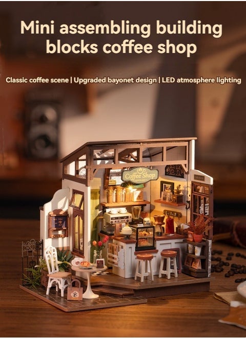 Coffee shop DIY hut handmade wooden puzzle three-dimensional model house assembly model building blocks toy house