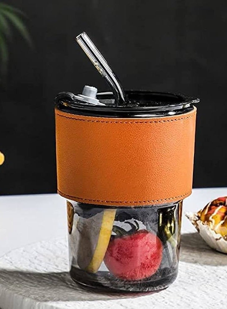 Gorgous Heat Resistant Glass Mug with Leather Lid Suitable for Tea, Water, Coffee, Milk and Beverages with Leak Proof Top Lid and Straw - Image 3