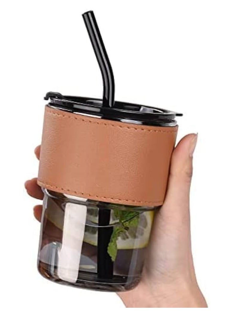 Gorgous Heat Resistant Glass Mug with Leather Lid Suitable for Tea, Water, Coffee, Milk and Beverages with Leak Proof Top Lid and Straw - Image 1