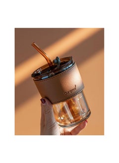 Gorgous Heat Resistant Glass Mug with Leather Lid Suitable for Tea, Water, Coffee, Milk and Beverages with Leak Proof Top Lid and Straw  - Image 4