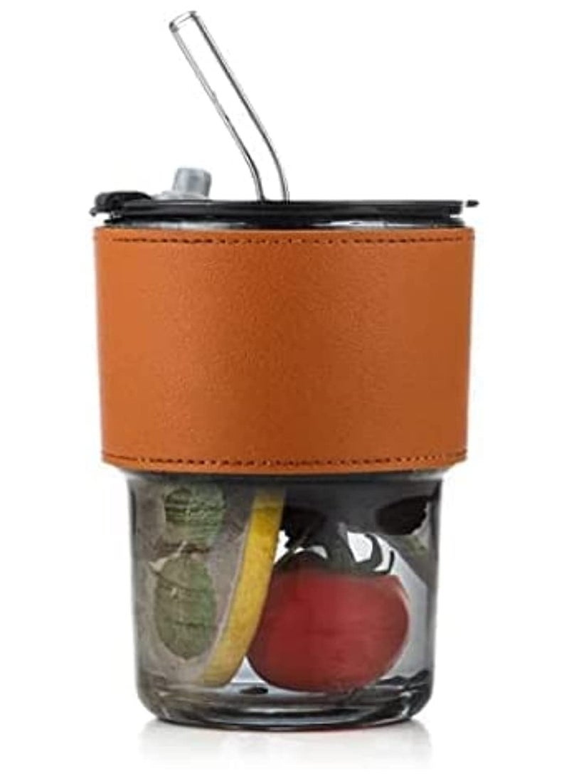 Gorgous Heat Resistant Glass Mug with Leather Lid Suitable for Tea, Water, Coffee, Milk and Beverages with Leak Proof Top Lid and Straw - Image 2