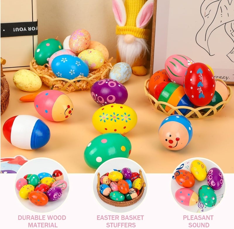 Augshy 14 PCS Wooden Egg Shakers, Maracas Percussion Easter Egg Shakers Musical Instruments Early Learning Toys Easter Basket Stuffers Easter Party Favors Classroom Prize - Image 3