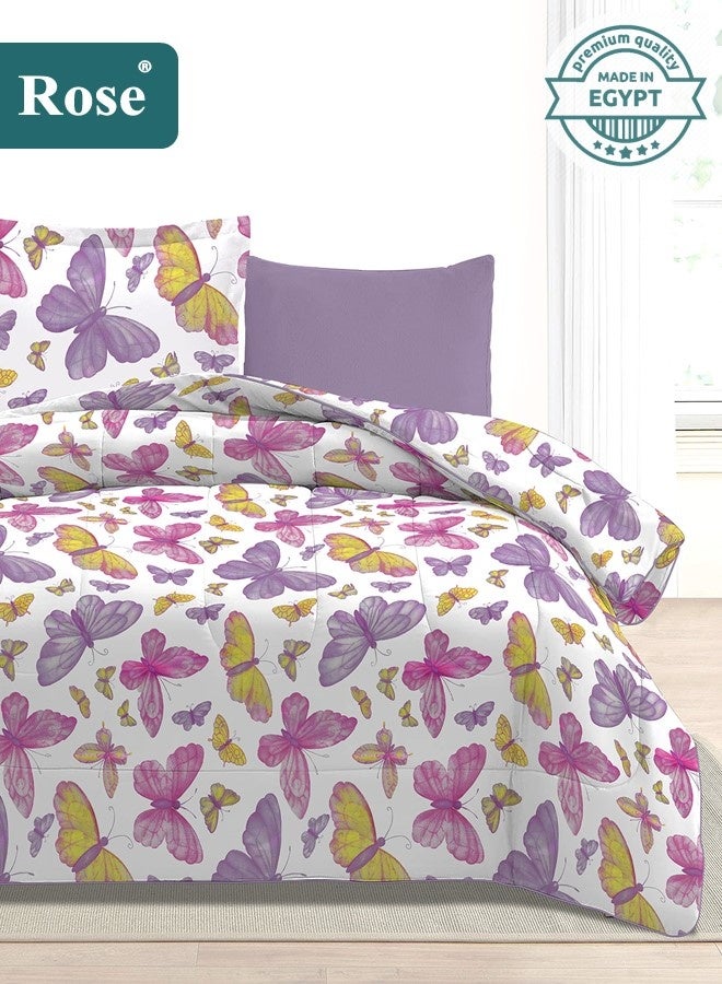 روز طقم مفرش صيفي مفرد بحشوة ثابتة، مايكروفايبر عالي الجودة، 4 قطع، مناسب لسرير بمقاس 120×200 سم، شديد النعومة ومريح وبارد، بتصميم أنيق وعصري، لحاف مقاس نفر ونص 170×260 سم، فراشات ليلك - Image 1