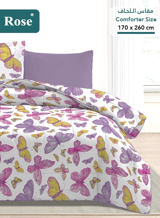 روز طقم مفرش صيفي مفرد بحشوة ثابتة، مايكروفايبر عالي الجودة، 4 قطع، مناسب لسرير بمقاس 120×200 سم، شديد النعومة ومريح وبارد، بتصميم أنيق وعصري، لحاف مقاس نفر ونص 170×260 سم، فراشات ليلك - Image 3