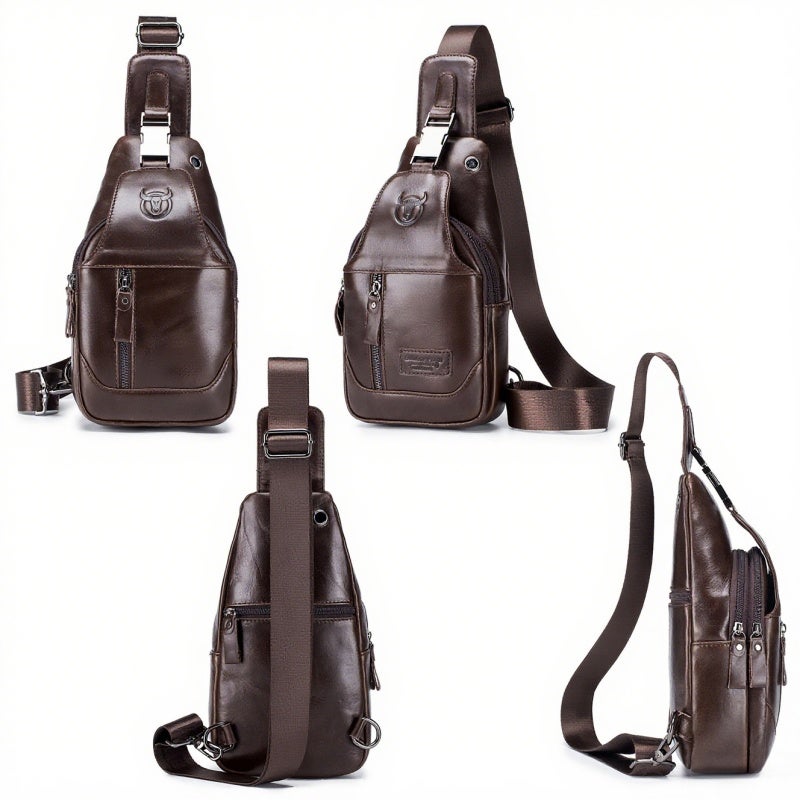 BULLCAPTAIN Men's Leather Sling Bag Waterproof Crossbody Pack Chest Shoulder Backpack for Hiking Cycling Mountaineering Travelling - Image 4