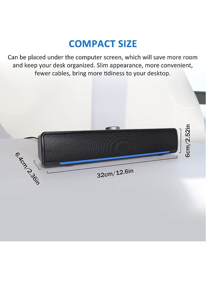 Computer Speakers, 2.0 Stereo USB Powered Wired Soundbar Speaker with Blue LED Light and 3.5 mm Aux Connection for TV Desktop Laptop PC Monitor Mobile Phone - Image 2