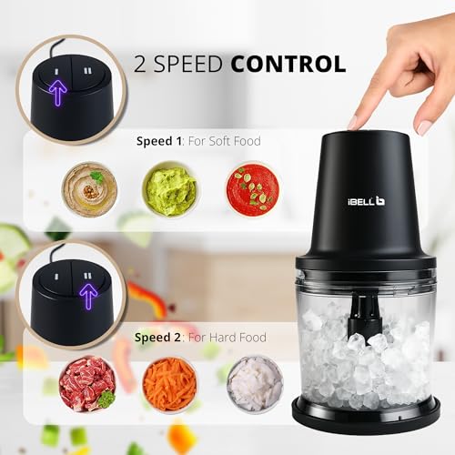 IBELL Electric Chopper - Large 840ml Transparent Bowl, 2 Speed Modes, Multi Purpose Chopper for Kitchen Use with Ice Crusher, Chop, Mince, Whisk, Dice, Puree (Black) - Image 4