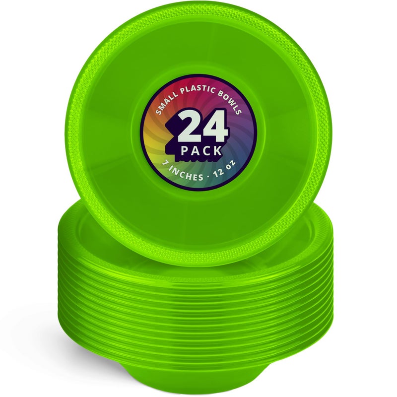 DecorRack 24 Small Plastic Bowls 7 inch Disposable 12 oz Serving Bowl Fruit Snack Popcorn Soup and Salad Kids Birthday and Holiday Party Supplies Lime Green Pack of 24