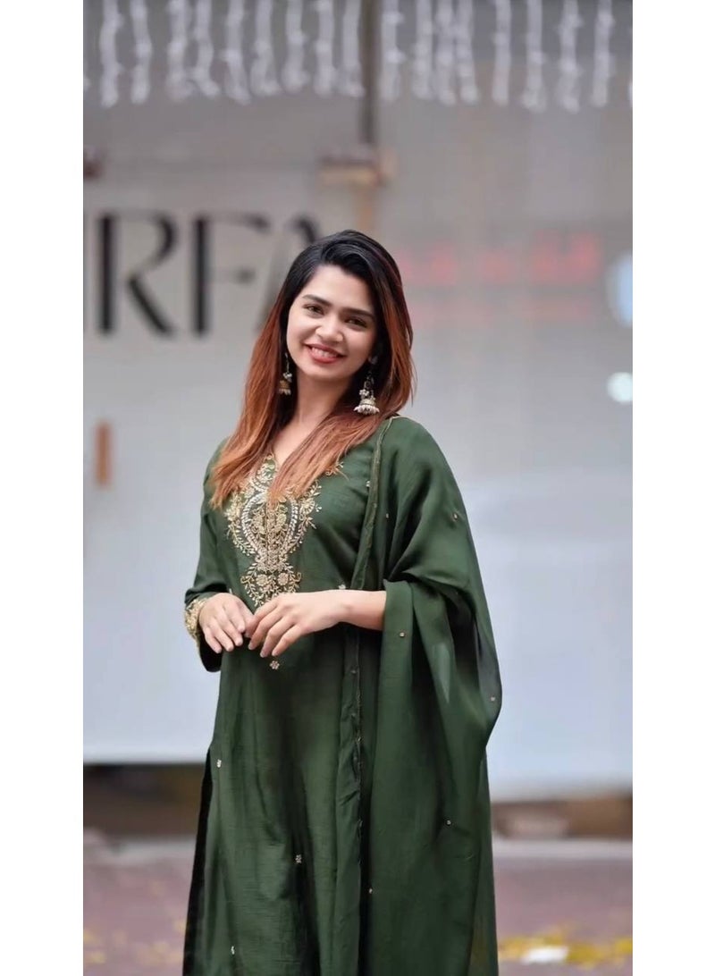 Super Asian Pure Chiffon Silk Suit Set with Heavy Embroidery & Sequence Work – Full Sleeve Top, Matching Pant & Dupatta  - Image 1