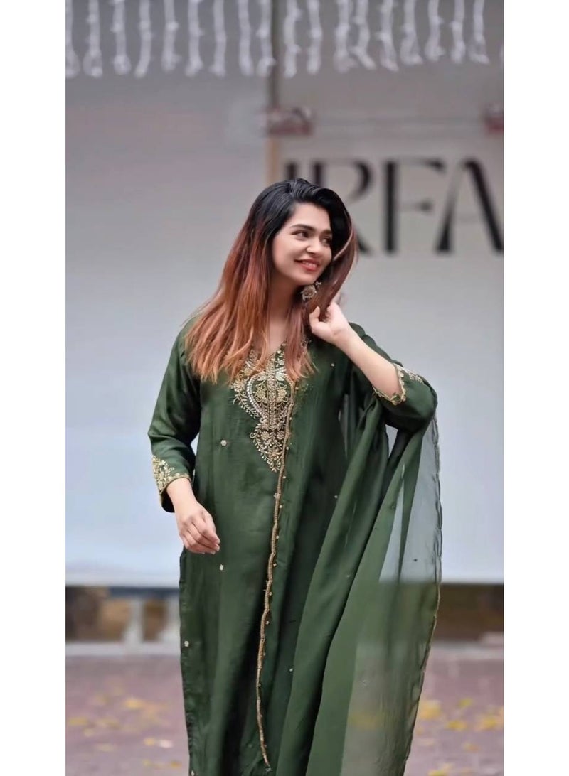 Super Asian Pure Chiffon Silk Suit Set with Heavy Embroidery & Sequence Work – Full Sleeve Top, Matching Pant & Dupatta  - Image 3