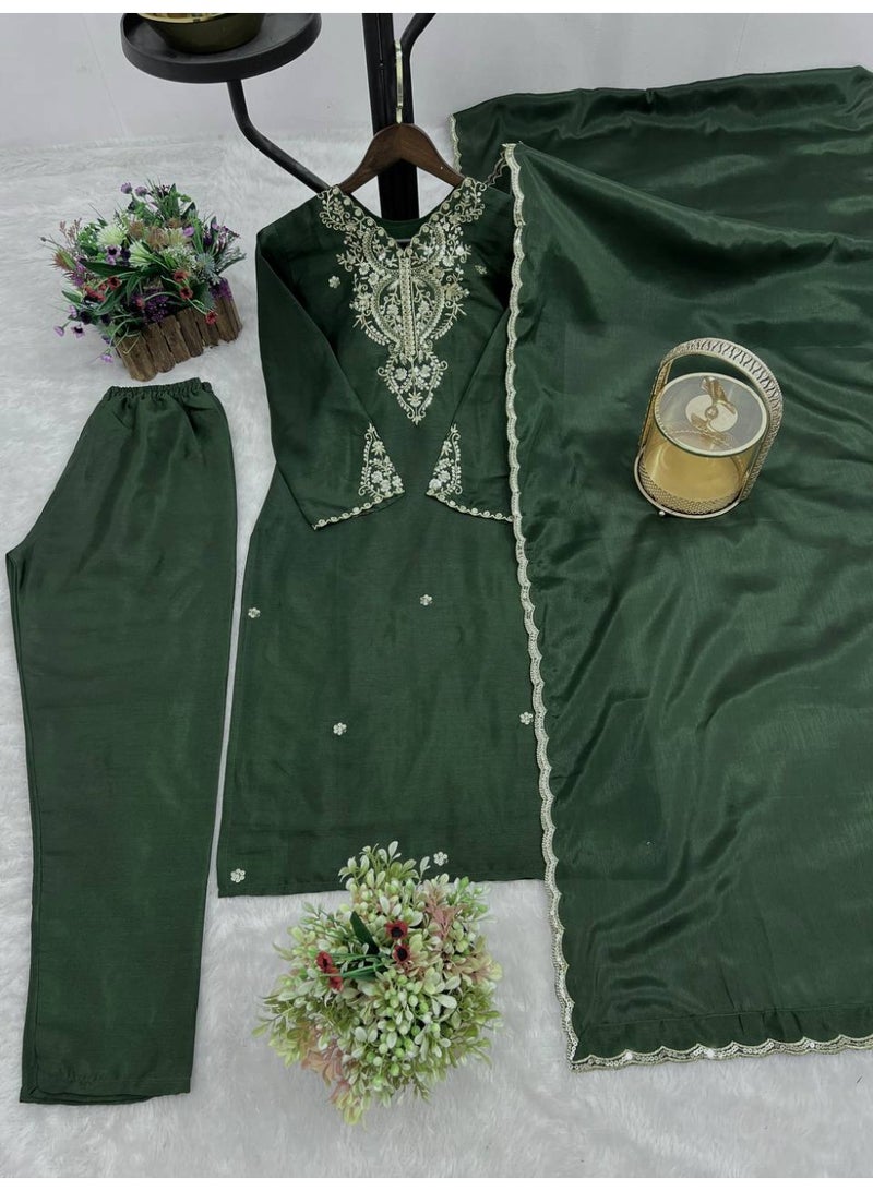 Super Asian Pure Chiffon Silk Suit Set with Heavy Embroidery & Sequence Work – Full Sleeve Top, Matching Pant & Dupatta  - Image 2