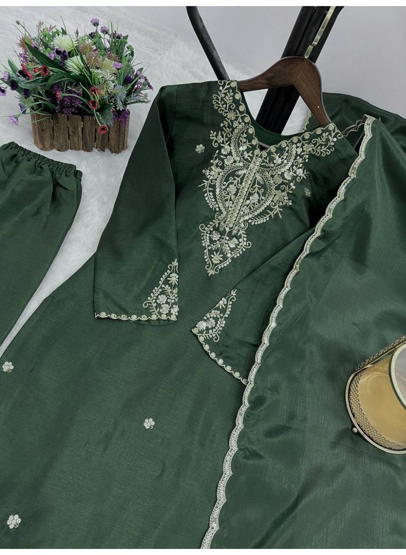 Super Asian Pure Chiffon Silk Suit Set with Heavy Embroidery & Sequence Work – Full Sleeve Top, Matching Pant & Dupatta  - Image 5