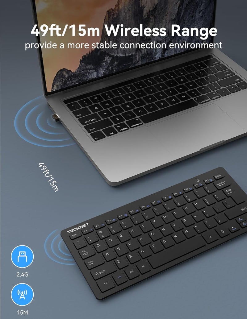TECKNET 2.4G Wireless Keyboard - Mini Compact Keyboard with Media Hotkeys, 12-Month Battery Life, Compatible with PC, Desktop, Laptop, Smart TV - Black - Image 3