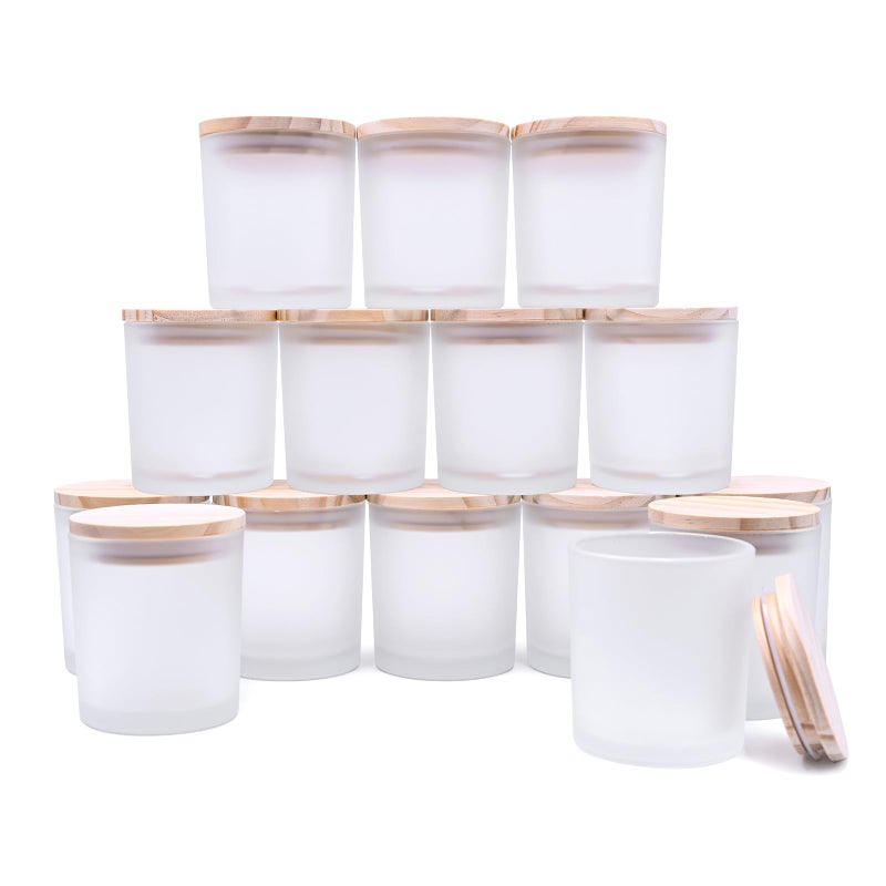 SHOWIN 8 OZ Thick Candle Jars for Making Candles 15 Pcs White Empty Jars with Wood Lids for Candle Making Sample ContainerFrosted White