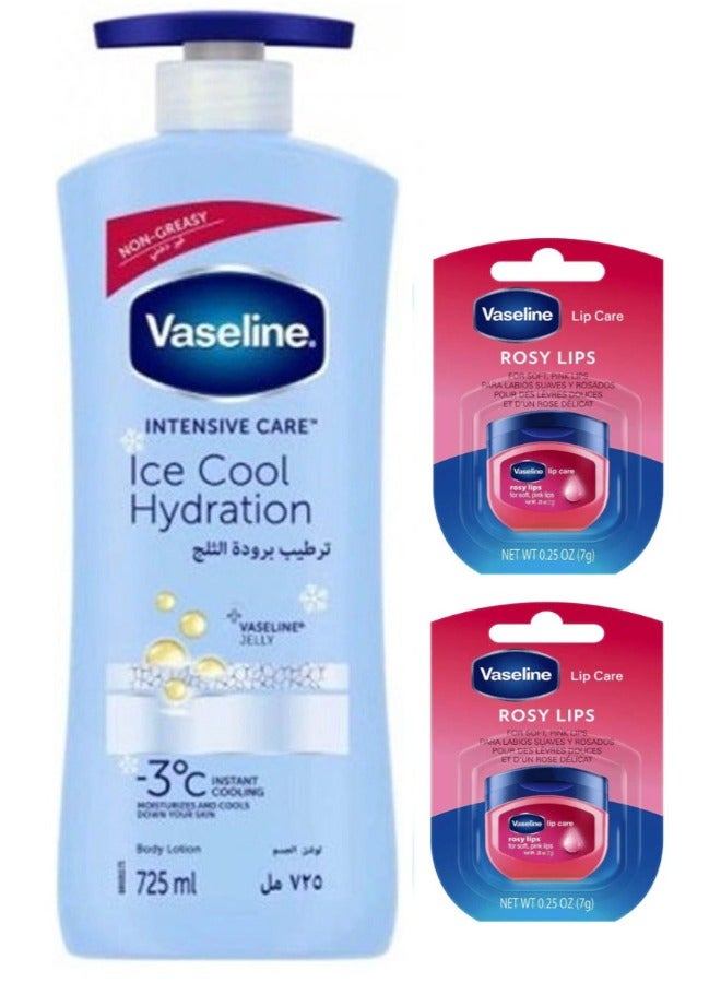 Vaseline Body Lotion Ice Cool Hydration 725 Ml plus 2Pcs Vaseline Rosy Lips - Image 1