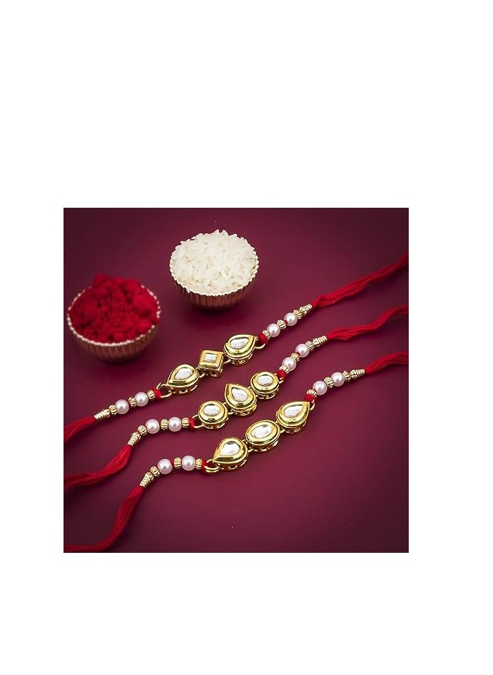 Sukkhi Sukkhi Rakhi Pretty Kundan Rakhi Combo and Designer Gold Plated Premium Rakhi for Brother, Roli Chawal and Greeting Card Rakhi for Bhaiya Rakhi for MEN Rakhi Combo-Set of 3  - Image 2