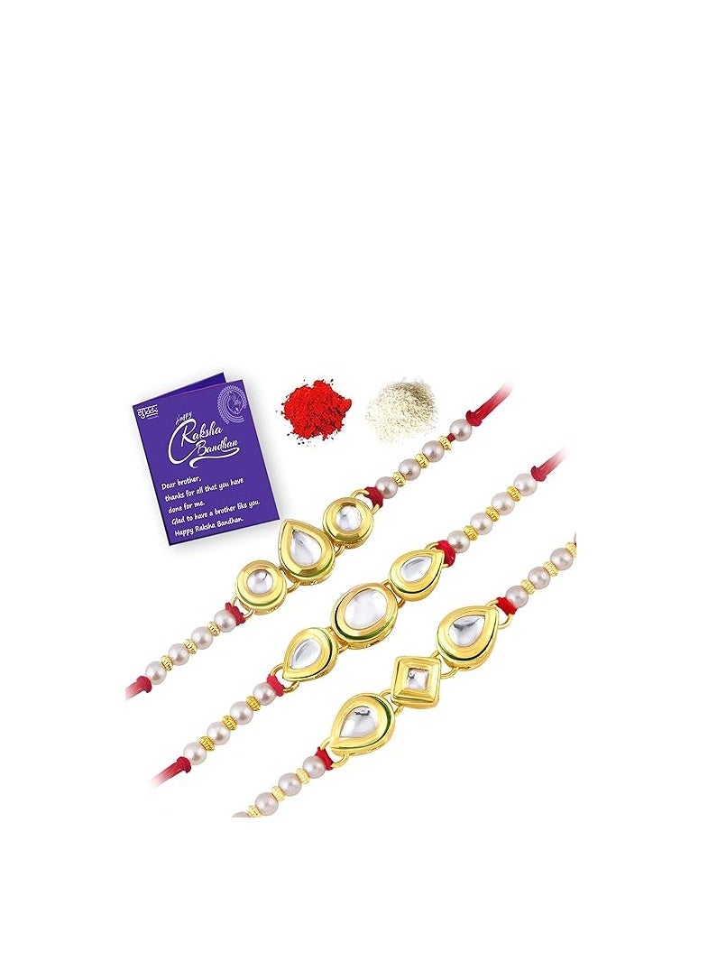 Sukkhi Sukkhi Rakhi Pretty Kundan Rakhi Combo and Designer Gold Plated Premium Rakhi for Brother, Roli Chawal and Greeting Card Rakhi for Bhaiya Rakhi for MEN Rakhi Combo-Set of 3  - Image 1