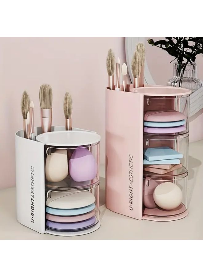 Pink 2 Layer Cosmetic Organizer With Brush Holder Dustproof Powder Puff Storage Box Compact Desktop Mat Set Comb And Jewelry Drawer Case Suitable For Vanity Bathroom And Office Beauty Storage Solution - Image 2