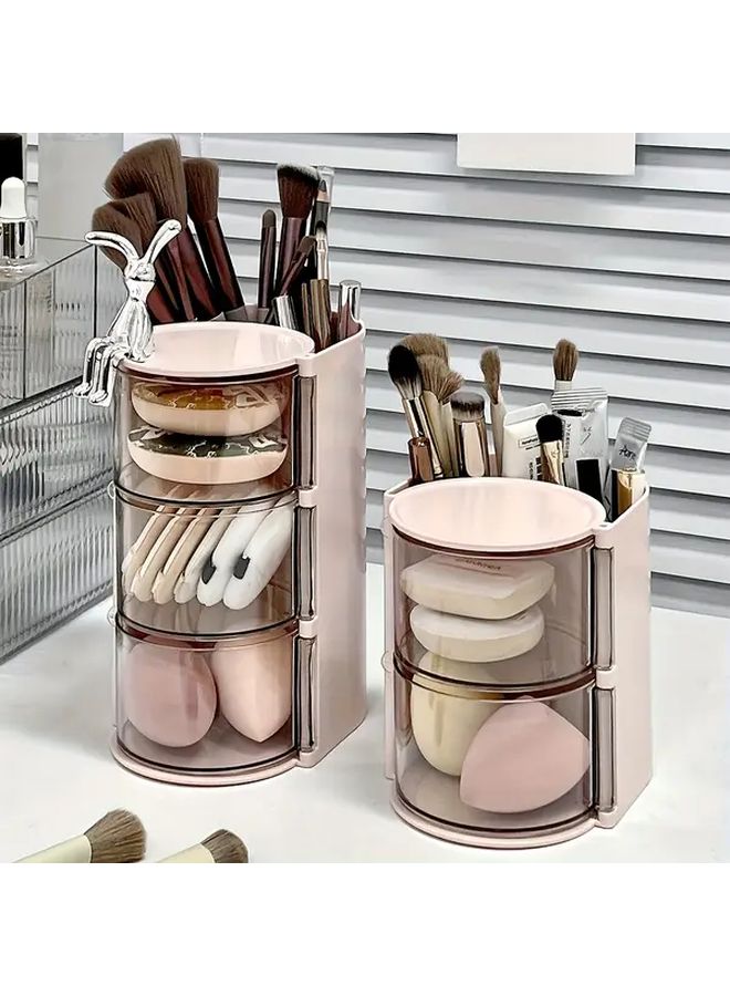 Pink 2 Layer Cosmetic Organizer With Brush Holder Dustproof Powder Puff Storage Box Compact Desktop Mat Set Comb And Jewelry Drawer Case Suitable For Vanity Bathroom And Office Beauty Storage Solution - Image 1