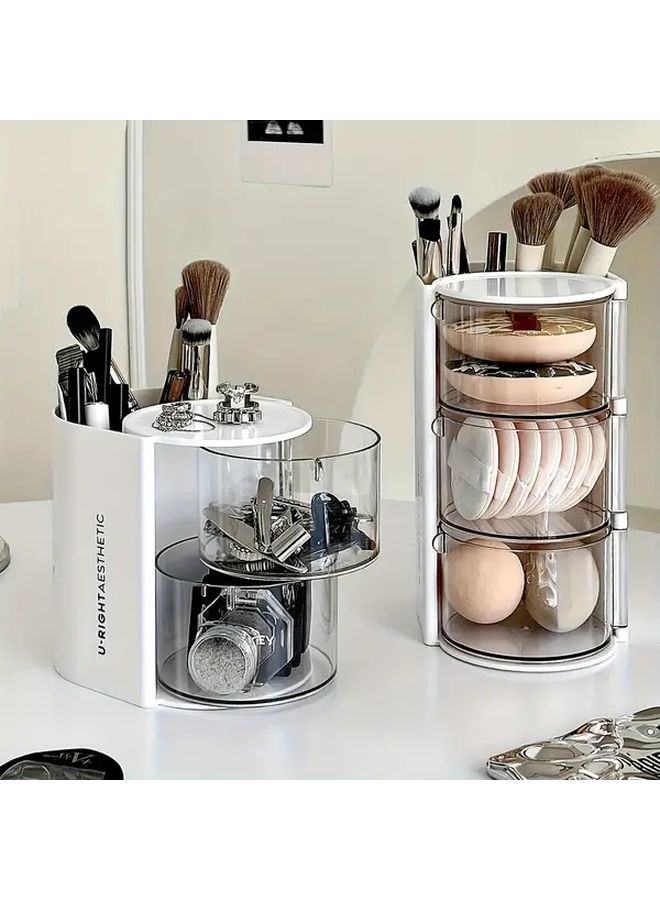 Pink 2 Layer Cosmetic Organizer With Brush Holder Dustproof Powder Puff Storage Box Compact Desktop Mat Set Comb And Jewelry Drawer Case Suitable For Vanity Bathroom And Office Beauty Storage Solution - Image 4