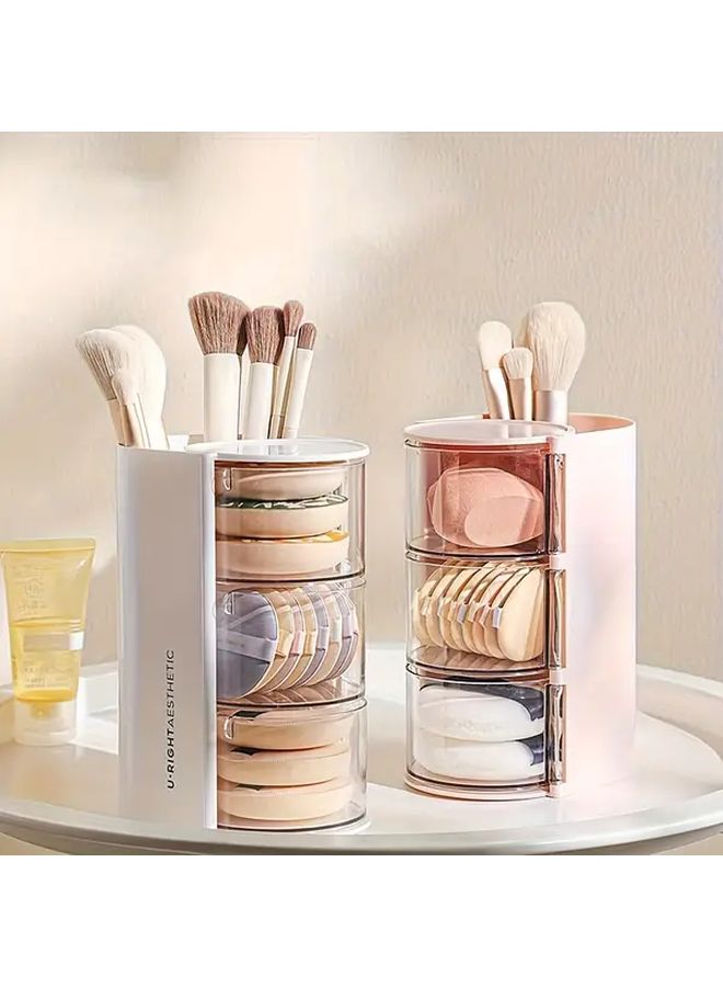 Pink 2 Layer Cosmetic Organizer With Brush Holder Dustproof Powder Puff Storage Box Compact Desktop Mat Set Comb And Jewelry Drawer Case Suitable For Vanity Bathroom And Office Beauty Storage Solution - Image 3