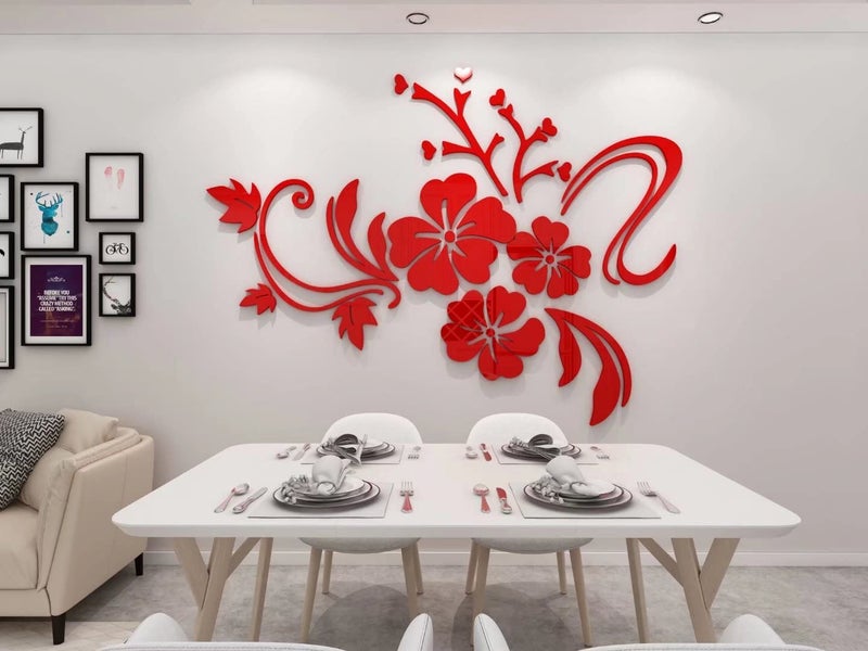 guangmu Wall Stickers 3D Flower Mirror - Family Decal Living Room Wall Decor Sticker Home Decorations Room Decor for Office Sofa Bedroom Decals (Red XS:15 * 23in) - Image 1