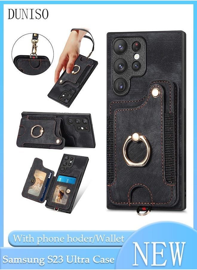 Generic Samsung Galaxy S23 Ultra Phone Case 6.8'' Faux Leather Wallet with Credit Card Holder Anti-fall Anti-fingerprint Phone Cover with Hand Starp for Samsung Galaxy S23 Ultra - Image 1