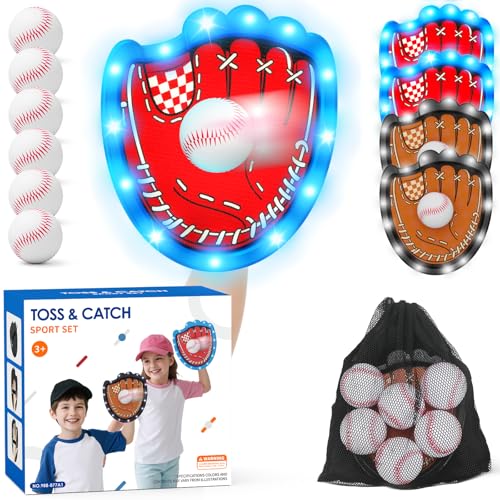HYES Toss and Catch Ball Game Set Outdoor Pool Beach Yard Camping Games for Family Toddler Baseball Birthday Gifts for Boys Girls Ages 312 4 Light Up Paddles 6 Balls - Image 1