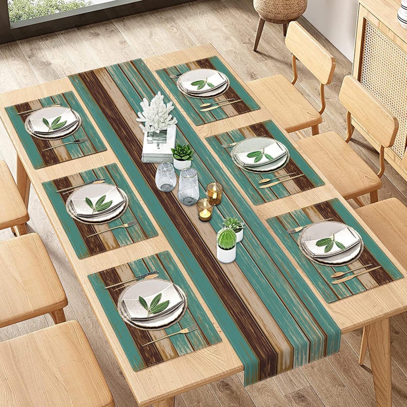 ArtSocket Farmhouse Table Runner and Placemats Set of 6 Blue Teal Green Board Painting Art Dining Decor for Daily Use1 Table Runner 72 inches Long and 6 Placemats