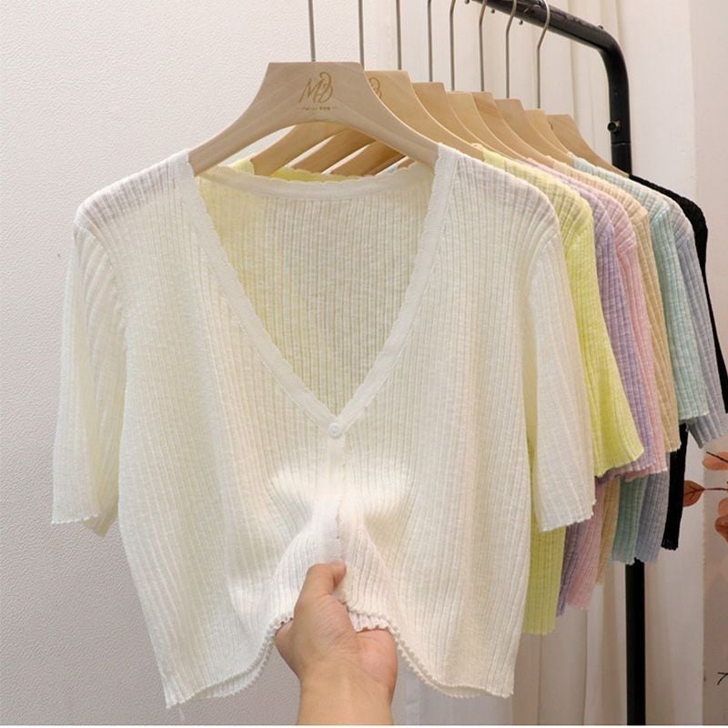 V-neck short sleeve Ice Silk thin sweater cardigan top womens summer small outer sunscreen air conditioning shirt shawl blouse Pink - Image 5