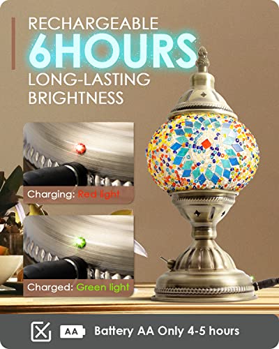 Yarra-Decor Turkish Moroccan Lamp with Bronze Base Handmade Tiffany Mosaic Glass Lamps Portable Bedside Lamps with Rechargeable Battery 2000mAh (LED Bulb Included) (Blue1) - Image 3