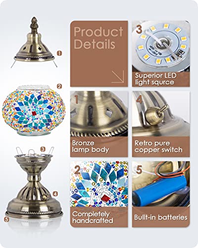 Yarra-Decor Turkish Moroccan Lamp with Bronze Base Handmade Tiffany Mosaic Glass Lamps Portable Bedside Lamps with Rechargeable Battery 2000mAh (LED Bulb Included) (Blue1) - Image 5