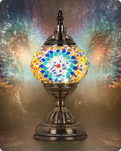 Yarra-Decor Turkish Moroccan Lamp with Bronze Base Handmade Tiffany Mosaic Glass Lamps Portable Bedside Lamps with Rechargeable Battery 2000mAh (LED Bulb Included) (Blue1) - Image 1