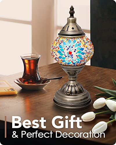 Yarra-Decor Turkish Moroccan Lamp with Bronze Base Handmade Tiffany Mosaic Glass Lamps Portable Bedside Lamps with Rechargeable Battery 2000mAh (LED Bulb Included) (Blue1) - Image 4