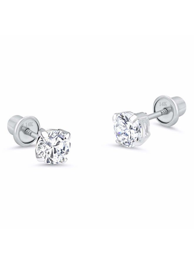 Lovearing 14k White Gold 5mm Basket Round Solitaire Cubic Zirconia Children Screw Back Baby Girls Earrings - Image 1