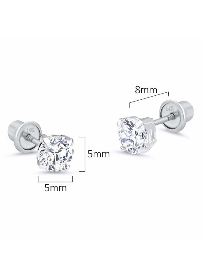Lovearing 14k White Gold 5mm Basket Round Solitaire Cubic Zirconia Children Screw Back Baby Girls Earrings - Image 2