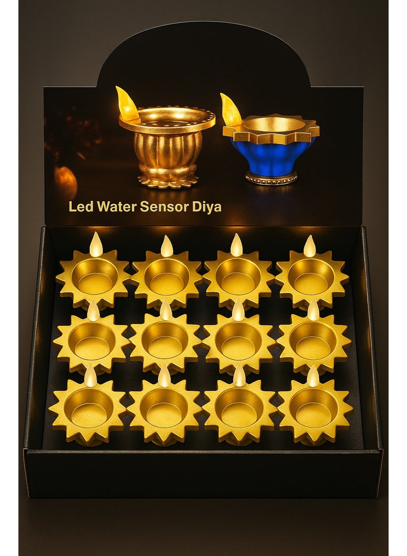 12Psc LED Water Sensor Diya for Diwali Decoration – Flameless Golden Floating Diyas with LED Lights, Battery Operated Tealight Candles for Pooja, Mandir, Festival & Home Decor (RMG-536) - Image 3